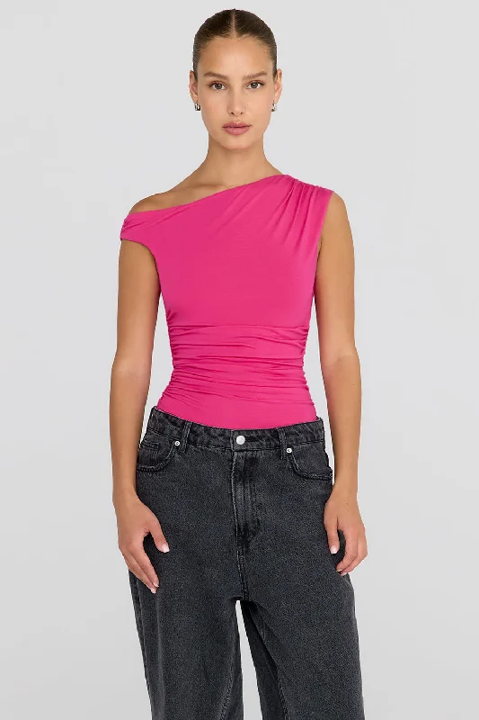 Women's High-Fashion Attire Fashion-Forward Offers 365 ASYMMETRIC RUCHED SIDE TOP - HOT PINK