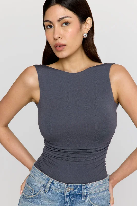 Women's Clothes And Apparel Hot Picks 365 RUCHED SIDE OPEN BACK TOP - GRAPHITE