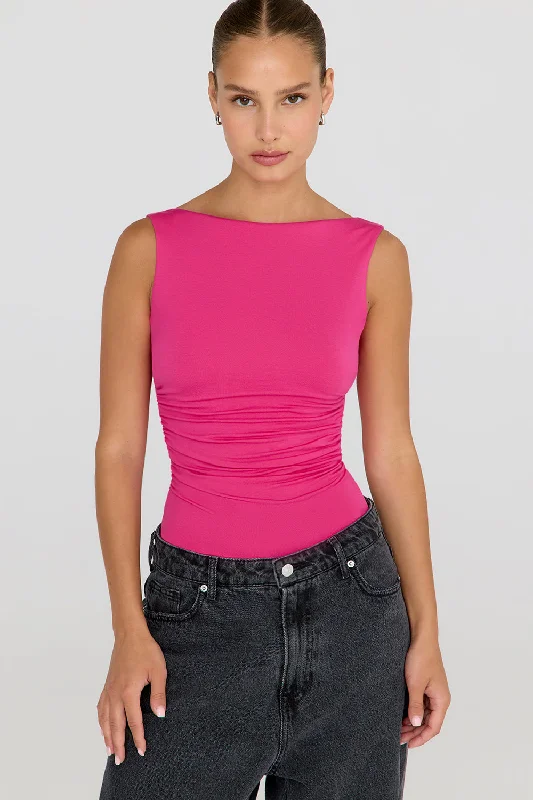 Women's Professional Garments Playful Fashion Offers 365 RUCHED SIDE OPEN BACK TOP - HOT PINK