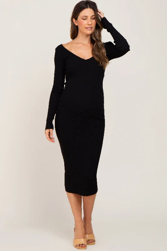 Women's Elegant Apparel Fashionista Favorites Black Knit Ribbed Maternity Midi Dress