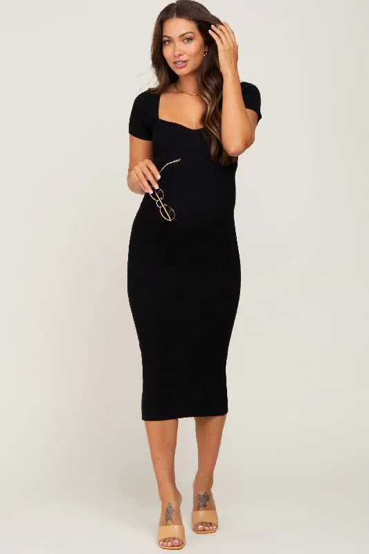 Chic Women's Garments Stupidly Low Prices Black Ribbed Maternity Midi Dress