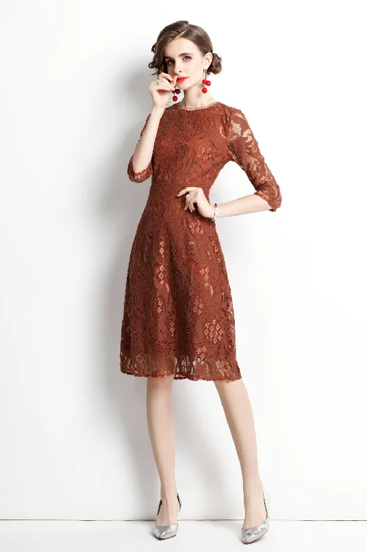 Timeless Women's Clothing Save Big Brown Cocktail & Party A-line Crewneck Elbow Sleeve Knee Lace Dress