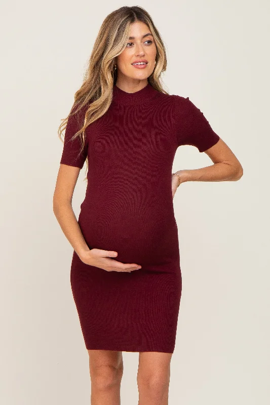 Women's Casual Wear Outfit Street Chic Discounts Burgundy Ribbed Mock Neck Maternity Dress