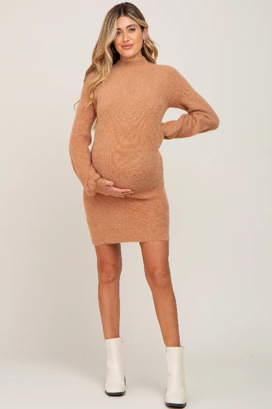 Women's Casual Attire Huge Markdowns Camel Fuzzy Knit Puff Sleeve Maternity Sweater Dress