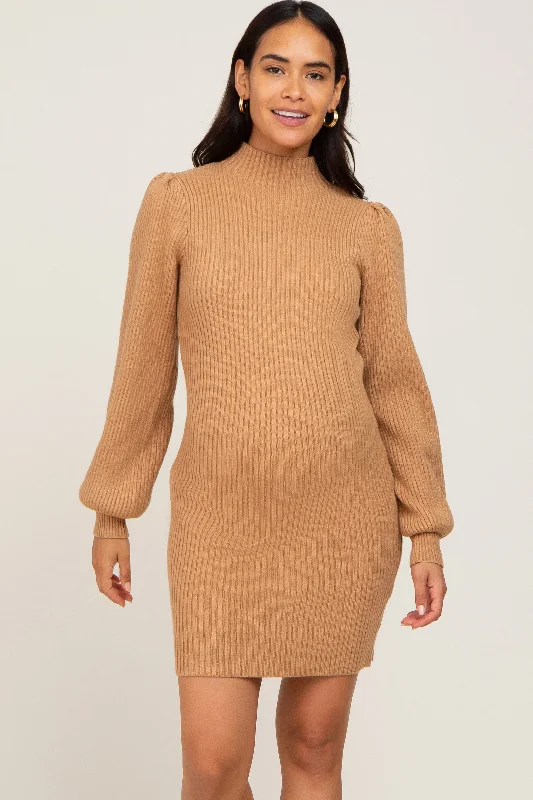 Women's Vintage Attire Hot Sale Camel Mock Neck Puff Sleeve Maternity Sweater Dress