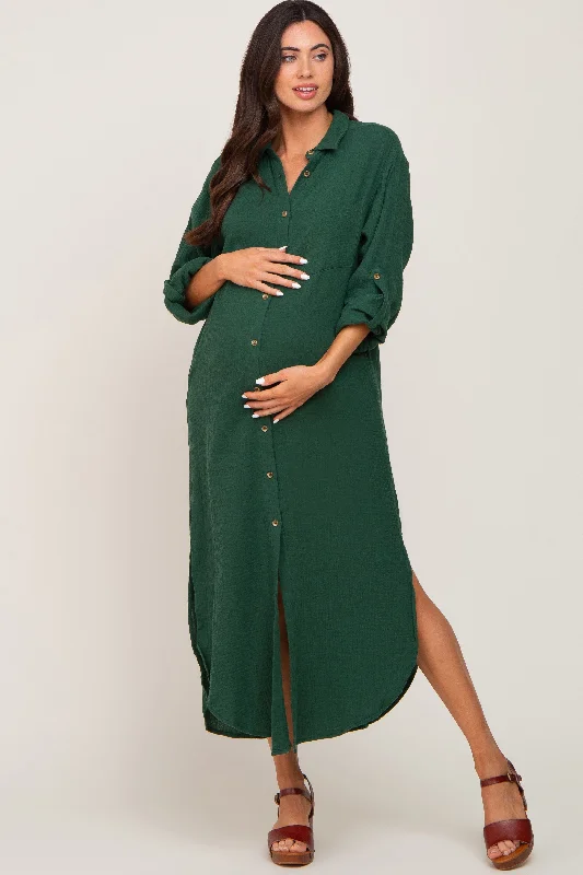 Women's Seasonal Clothing Limited Time Forest Green Button Down 3/4 Sleeve Maternity Midi Dress