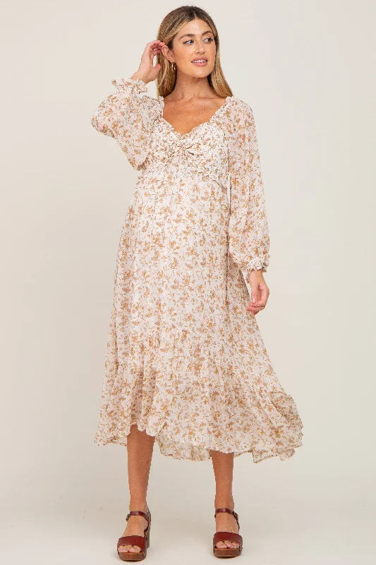 Women's Chic Outfit Limited Time Special Offer Ivory Floral Chiffon Ruffle Maternity Maxi Dress