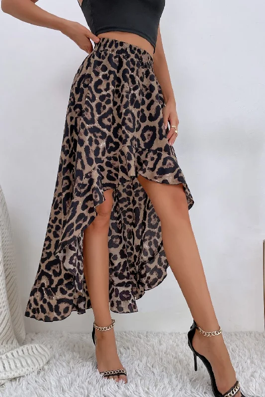 Women's Clothing For Special Occasions Cozy Chic Promotions Leopard Ruffle Hem High-Low Skirt