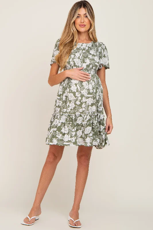 Women's Holiday Clothes Trend Leading Collection Light Olive Floral Smocked Ruffle Accent Maternity Dress