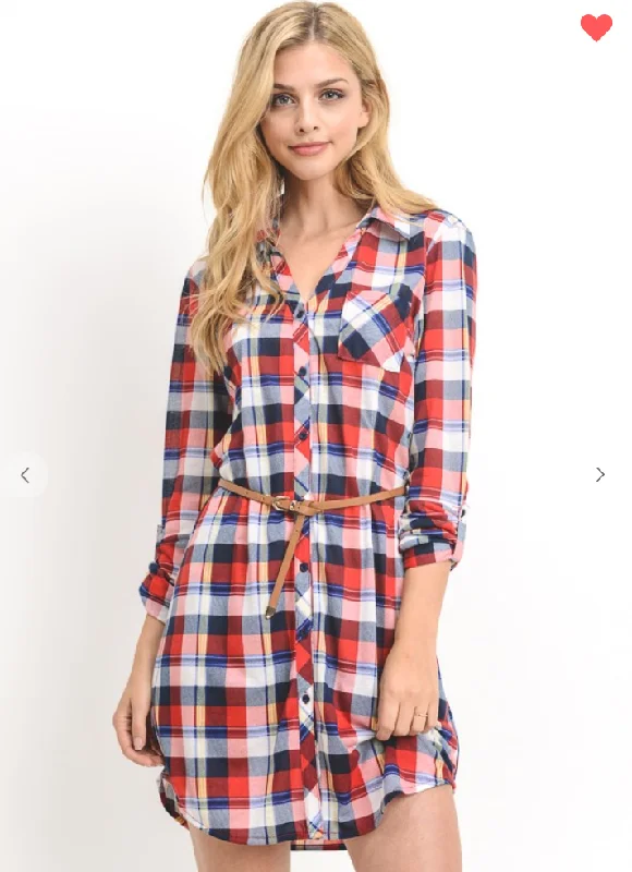 Women's Elegant Clothing Sets Bold Style Discounts Lightweight Plaid Shirt-Style Dress