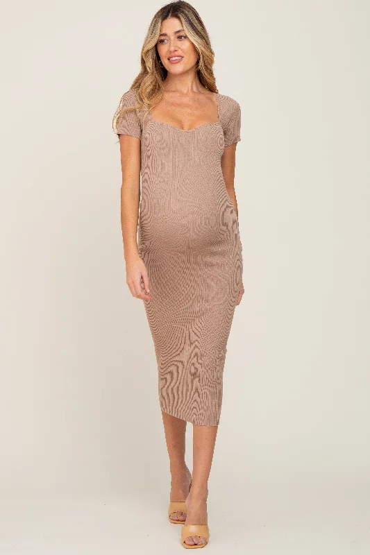 Sustainable Fashion Clothing For Women Elevated Casual Discounts Mocha Ribbed Maternity Midi Dress