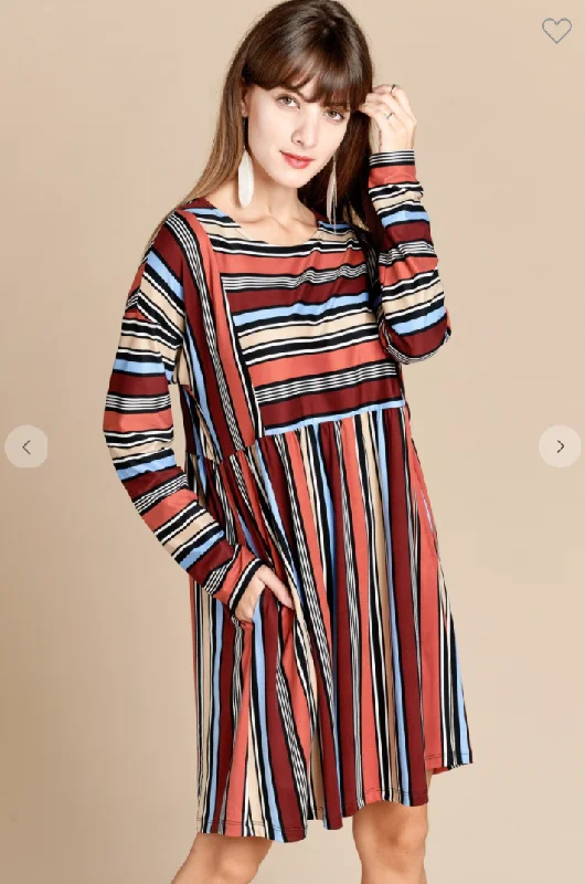 Women's Activewear Outfit Easy Elegance Sales Multi-Color Variegated Striped Babydoll Dress