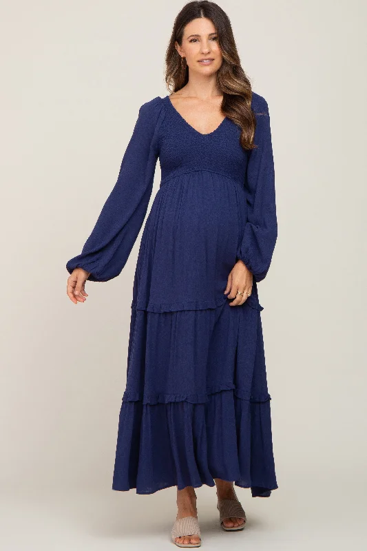 Fashion-Forward Women's Clothing Feminine Luxe Style Sale Navy Blue Smocked Tiered Maternity Midi Dress