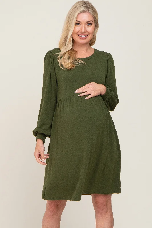 Women's Weekend Outfit Exclusive Fashion Deals Olive Terry Knit Long Sleeve Maternity Dress