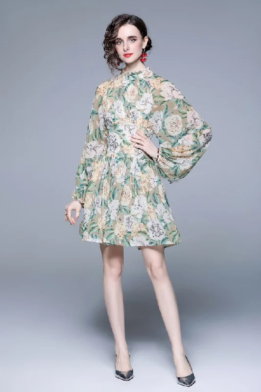 Women's Urban Clothing Evening Elegance Pale green & Floral print Day A-line Long Sleeve Jewel Above Knee Dress