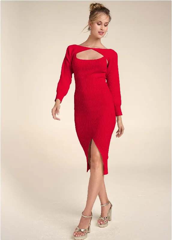 Formal Clothing For Women Sleek Style Discounts Sweater Dress With Shrug - Red