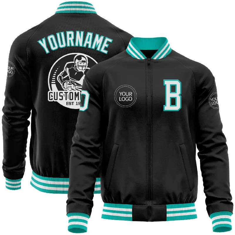 Fashion-Forward Gender-Neutral Outerwear Dive Into Trendy Styles Custom Black White-Aqua Bomber Varsity Letterman Zipper Jacket