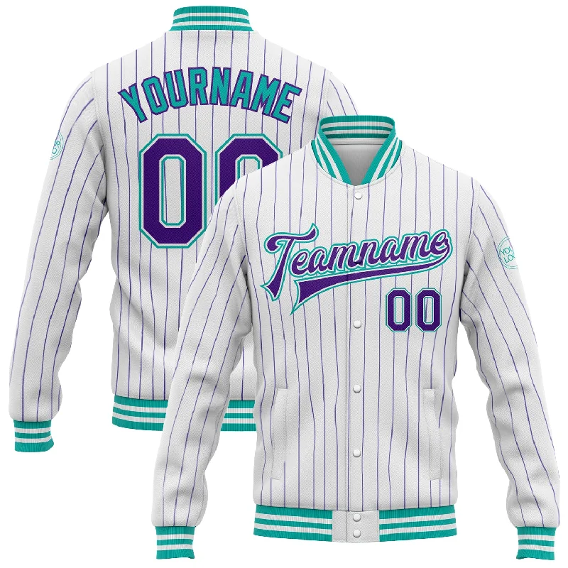 Unisex Everyday Fashion Essentials Sophisticated Fashion Custom White Purple Pinstripe Aqua Bomber Full-Snap Varsity Letterman Jacket