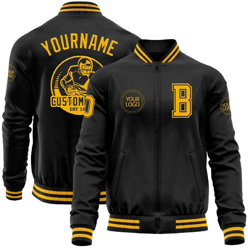 Sustainable Gender-Neutral Apparel Chic & Modern Sales Custom Black Gold Bomber Varsity Letterman Zipper Jacket