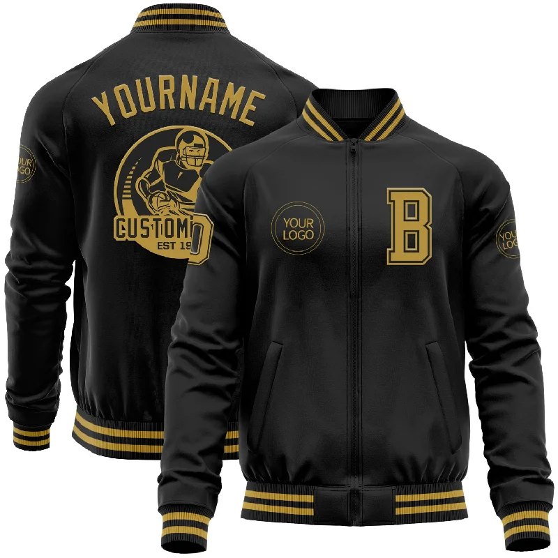 Sleek And Contemporary Gender-Free Outfits High-End Style Discounts Custom Black Old Gold Bomber Varsity Letterman Zipper Jacket