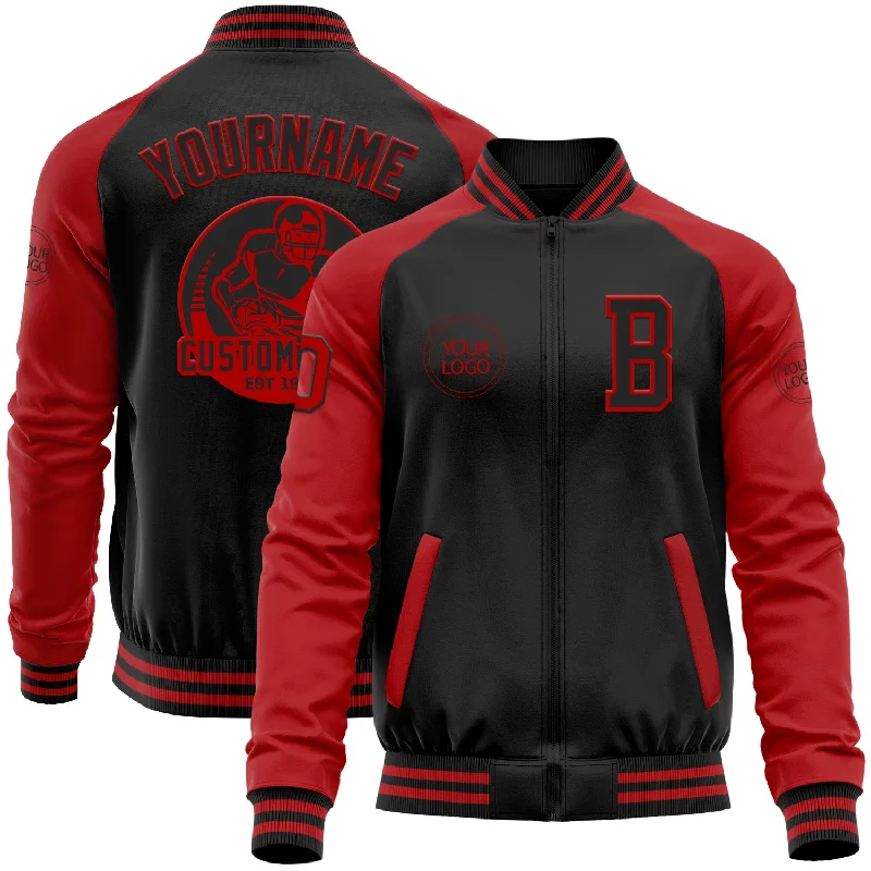 Classic Unisex Fashion Looks Chic Styles Custom Black Red Bomber Varsity Letterman Two Tone Zipper Jacket