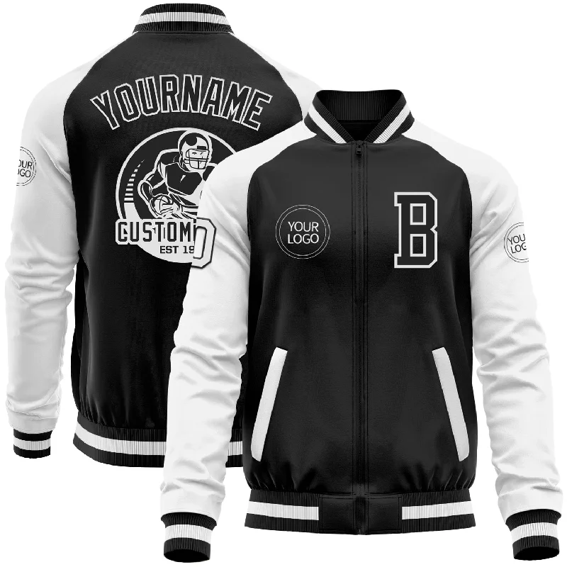 Functional And Stylish Unisex Outerwear Easy Elegance Sales Custom Black White Bomber Varsity Letterman Two Tone Zipper Jacket