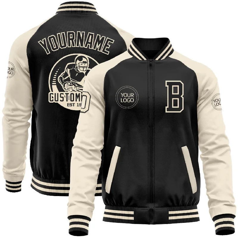 Breathable And Lightweight Unisex Wear The Good Stuff Custom Black Cream Bomber Varsity Letterman Two Tone Zipper Jacket