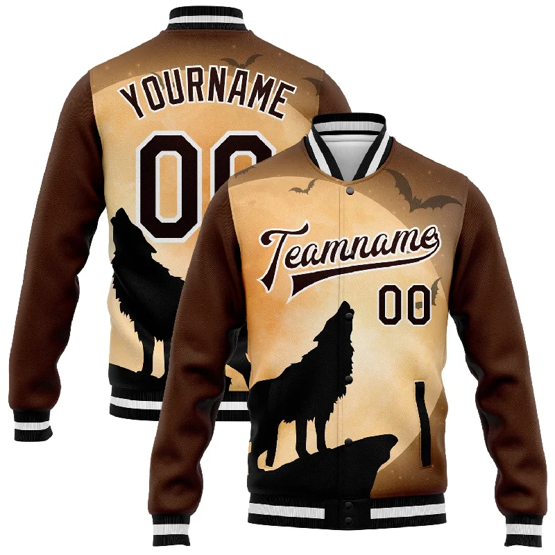 Minimalist Unisex Fashion Essentials Premium Style Offers Custom Brown Black-White Wolf Fullmoon Party 3D Pattern Design Bomber Full-Snap Varsity Letterman Jacket