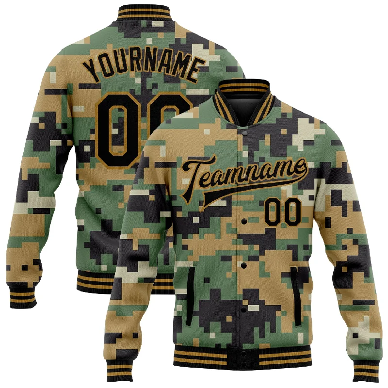 Gender-Neutral Trendy Clothing Styles Modish Fashion Discounts Custom Camo Old Gold-Black Digital Camouflage 3D Bomber Full-Snap Varsity Letterman Salute To Service Jacket