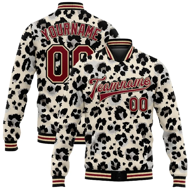 Trendy Unisex Streetwear Fashion Chic Style, Always In Vogue Custom City Cream Crimson-Black Leopard Print 3D Pattern Design Bomber Full-Snap Varsity Letterman Jacket