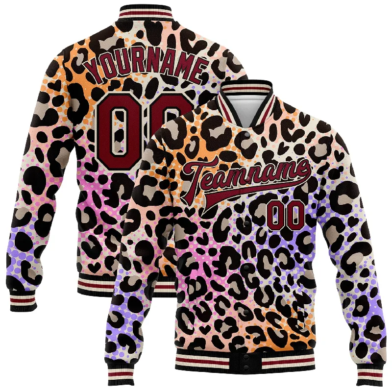 Relaxed-Fit Unisex Clothing Options Dive Into Trendy Styles Custom City Cream Crimson-Black Leopard Print 3D Pattern Design Bomber Full-Snap Varsity Letterman Jacket