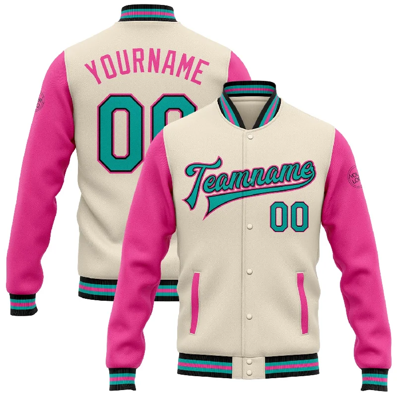 Oversized Unisex Apparel For Effortless Style Summer Fashion Custom Cream Aqua Black-Pink Bomber Full-Snap Varsity Letterman Two Tone Jacket