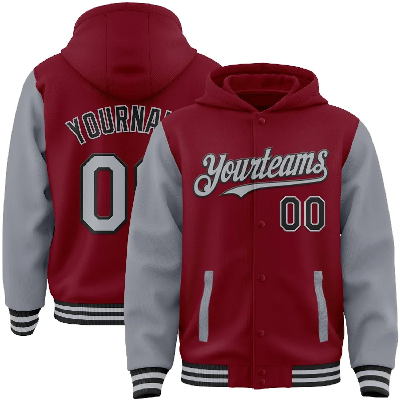 Gender-Neutral Trendy Clothing Styles Browse Our Top Products Custom Crimson Gray-Black Bomber Full-Snap Varsity Letterman Two Tone Hoodie Jacket