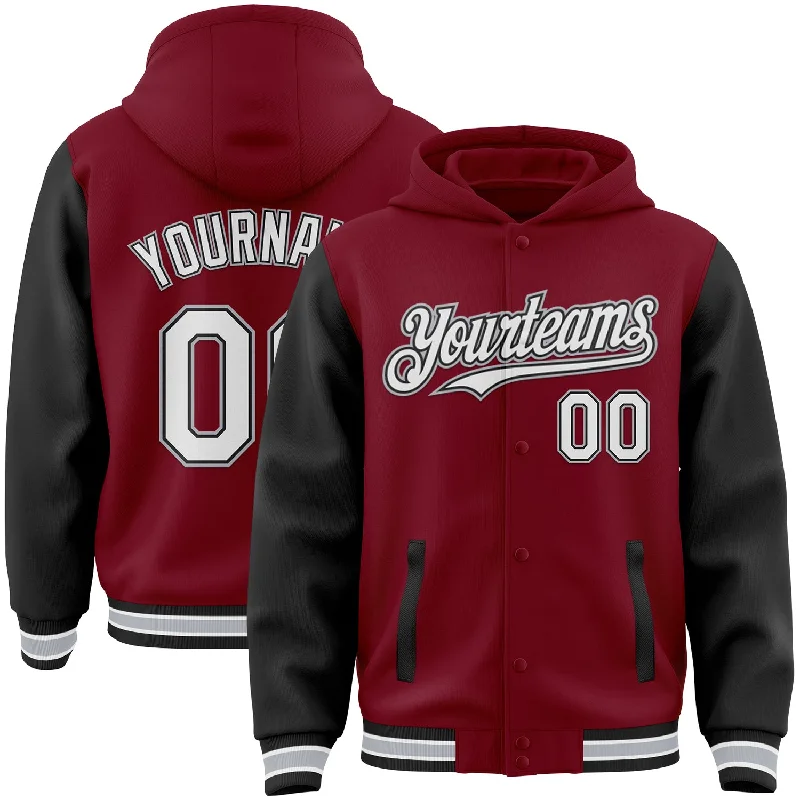 Sleek And Contemporary Gender-Free Outfits Insane Discount Onslaught Custom Crimson Black-Gray Bomber Full-Snap Varsity Letterman Two Tone Hoodie Jacket