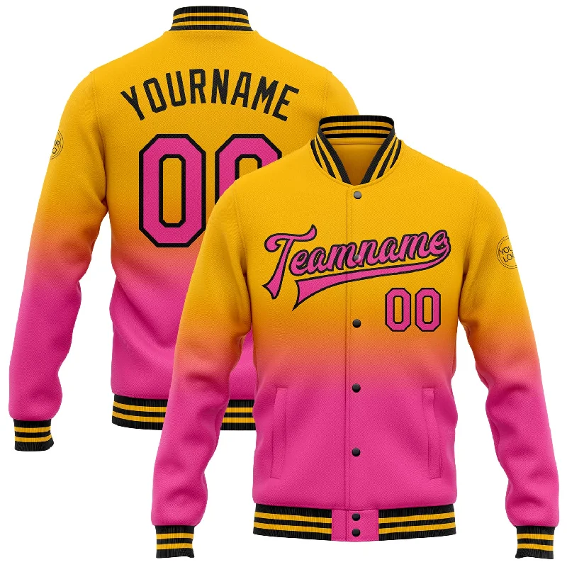 Oversized And Relaxed Unisex Fashion Big Discounts Custom Gold Pink-Black Bomber Full-Snap Varsity Letterman Fade Fashion Jacket