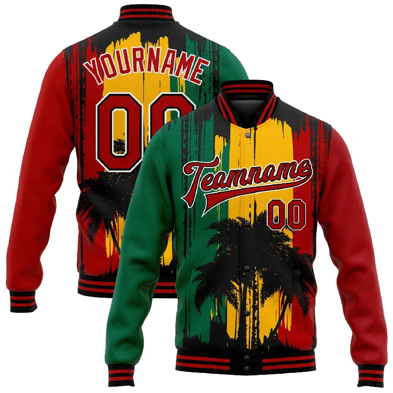 Oversized Unisex Fashion Pieces Budget-Friendly Fashion Custom Gold Red Black-Kelly Green Black History Month Hawaii Palm Trees 3D Bomber Full-Snap Varsity Letterman Jacket