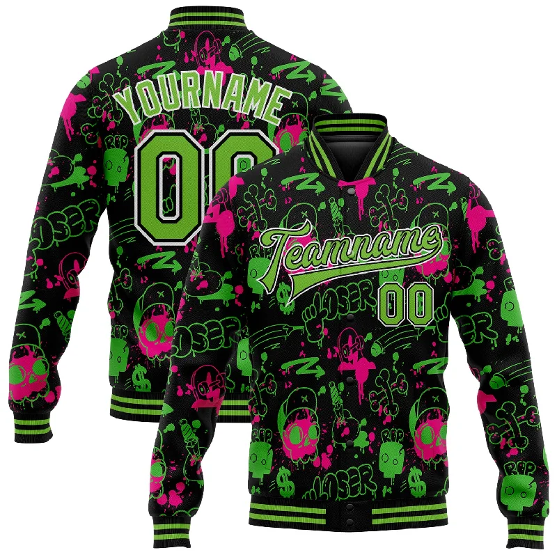 Contemporary Gender-Free Clothing Styles Chic Style Discounts Custom Graffiti Pattern Neon Green-Black Abstract Grunge Art 3D Bomber Full-Snap Varsity Letterman Jacket