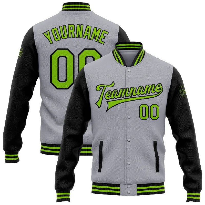 All-Season Unisex Clothing Collection Fashion Forward Femininity Custom Gray Neon Green-Black Bomber Full-Snap Varsity Letterman Two Tone Jacket