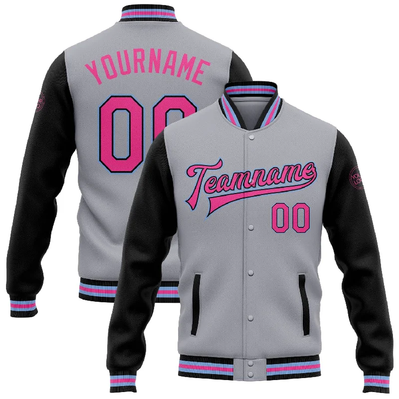 Unisex Casual Fashion Trends Unleash Your Style Custom Gray Pink Black-Light Blue Bomber Full-Snap Varsity Letterman Two Tone Jacket