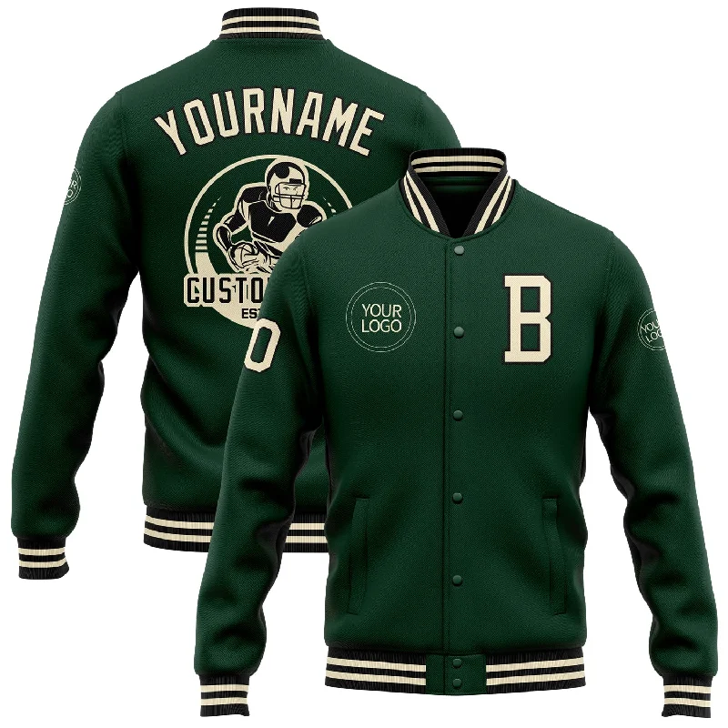 Versatile And Stylish Unisex Apparel Quick Grab Deals Custom Green Cream-Black Bomber Full-Snap Varsity Letterman Jacket