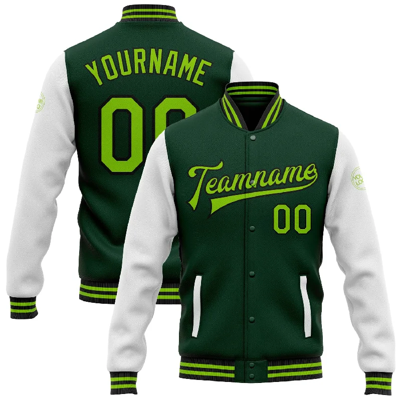 Unisex Casual Wear For All Seasons Casual Yet Chic Sales Custom Green Neon Green-Black Bomber Full-Snap Varsity Letterman Two Tone Jacket