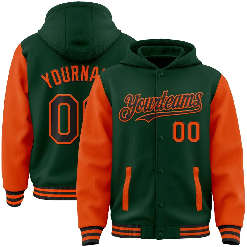 Classic Unisex Fashion Looks Discover Promotions Custom Green Orange-Cream Bomber Full-Snap Varsity Letterman Two Tone Hoodie Jacket