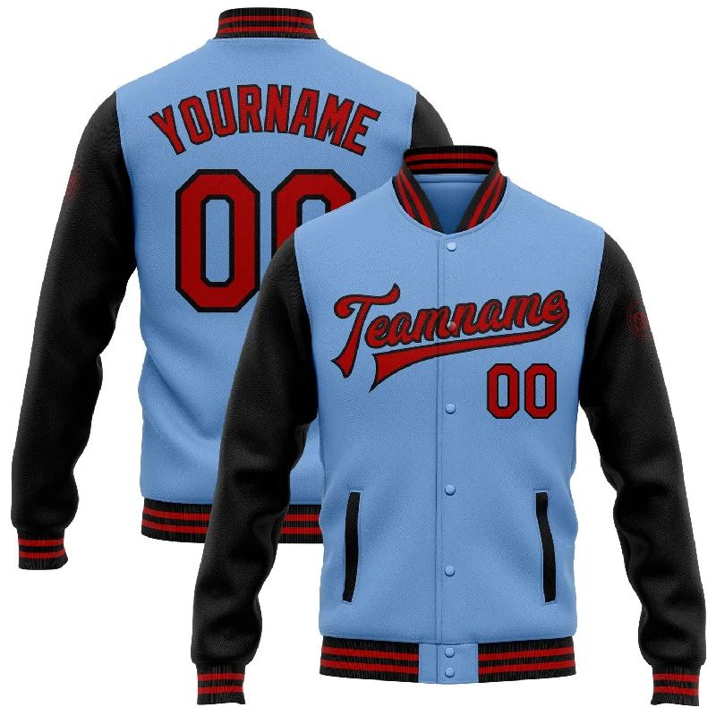 Modern Unisex Streetwear Outfits Limited-Time Offer Custom Light Blue Red-Black Bomber Full-Snap Varsity Letterman Two Tone Jacket