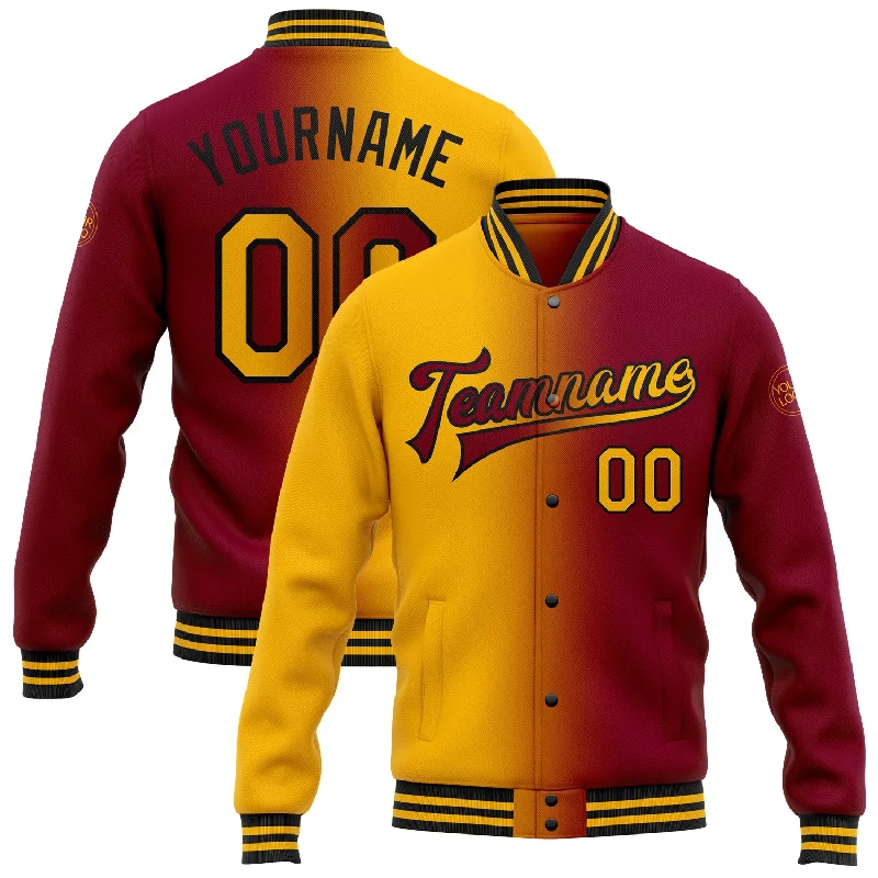 Minimalist Unisex Fashion Must-Haves Discount Extravaganza Custom Maroon Gold-Black Bomber Full-Snap Varsity Letterman Gradient Fashion Jacket