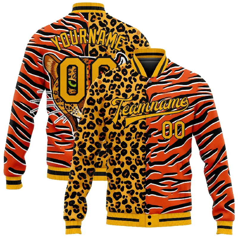 Unisex Casual Wear For All Seasons Insane Discount Onslaught Custom Orange Gold-Black Tiger And Leopard Print 3D Pattern Design Bomber Full-Snap Varsity Letterman Jacket