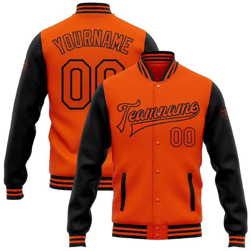 Elegant And Minimal Gender-Free Clothing Trendy Threads Custom Orange Black Bomber Full-Snap Varsity Letterman Two Tone Jacket