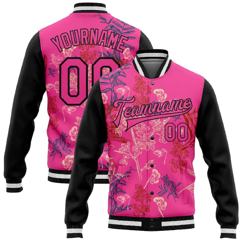 Bold And Trendy Gender-Neutral Outfits Vintage Style Deals Custom Pink Black Flowers 3D Pattern Design Bomber Full-Snap Varsity Letterman Jacket