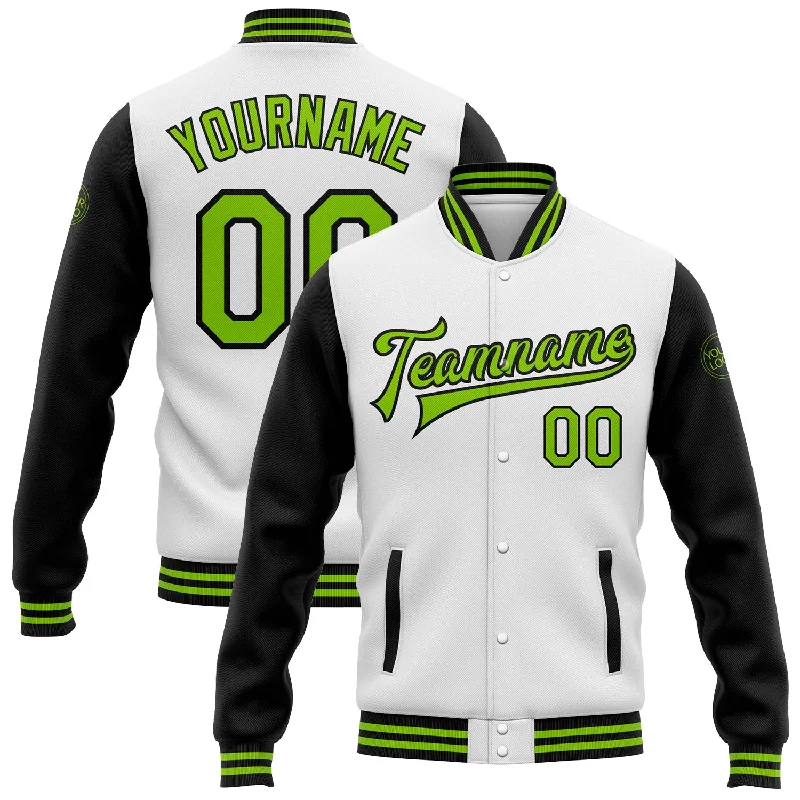 Unisex Casual Fashion Trends New Season Fashion Preview Sale Custom White Neon Green-Black Bomber Full-Snap Varsity Letterman Two Tone Jacket