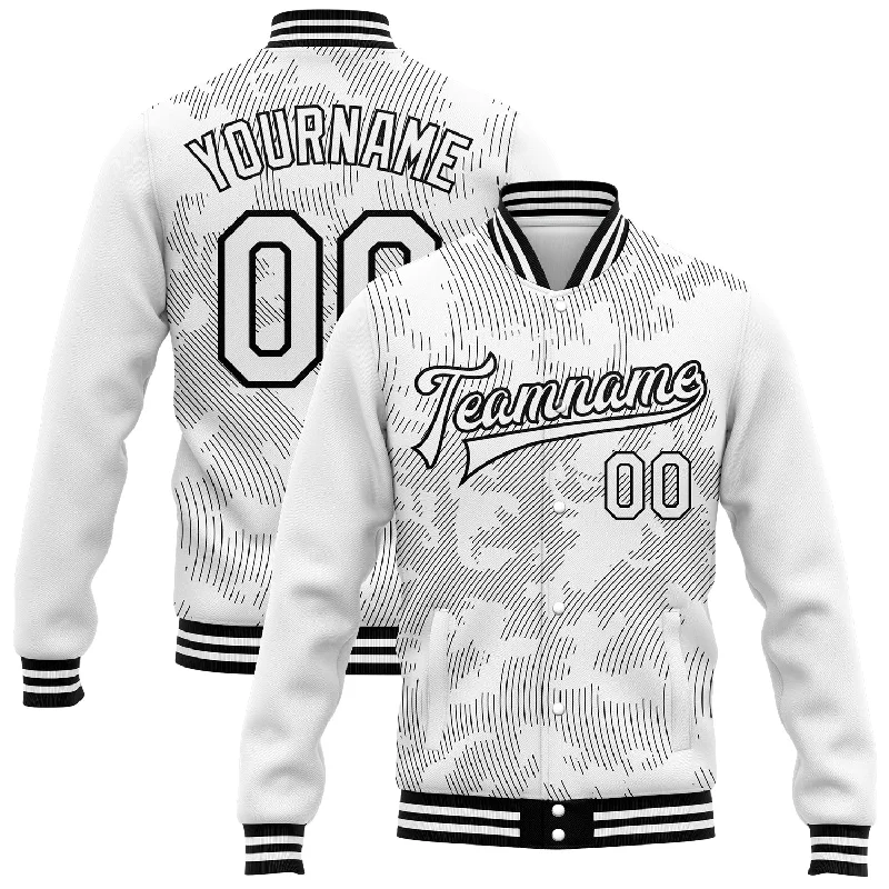 Unisex Casual Fashion Trends Feminine Style Promotions Custom White Black 3D Pattern Design Bomber Full-Snap Varsity Letterman Jacket