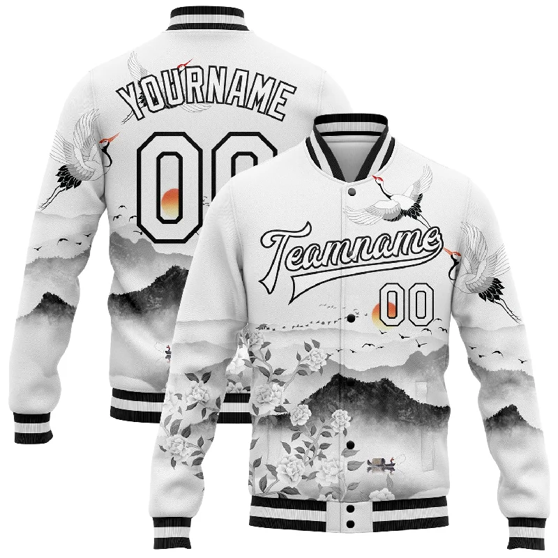 Oversized Unisex Apparel For Effortless Style Special Offer For You Custom White Black Heron And Flower 3D Pattern Design Bomber Full-Snap Varsity Letterman Jacket